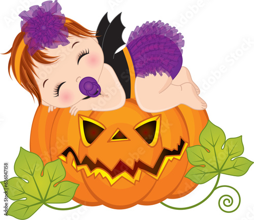 Vector Little Caucasian Baby Girl in Halloween Costume Sleeping on Pumpkin