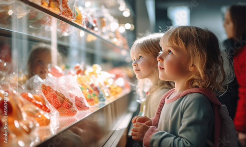 Cute little girl in candy store. Child chooses sweets, variety and abundance