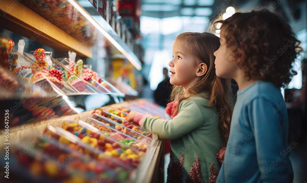 Cute little girl in candy store. Child chooses sweets, variety and abundance