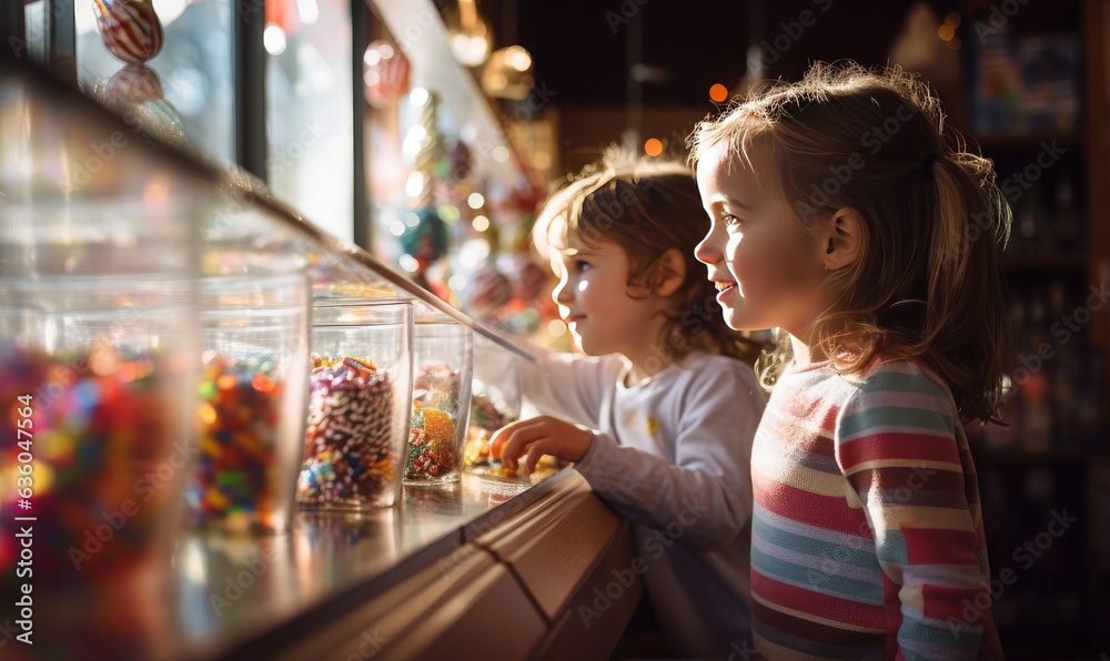 Cute little girl in candy store. Child chooses sweets, variety and abundance Cute little girl in candy store. Child chooses sweets, variety and abundance