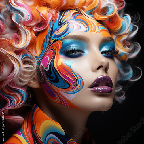 Beautiful face of a woman painted with colored acrylic paint, freedom and lgbt, fashion and podium