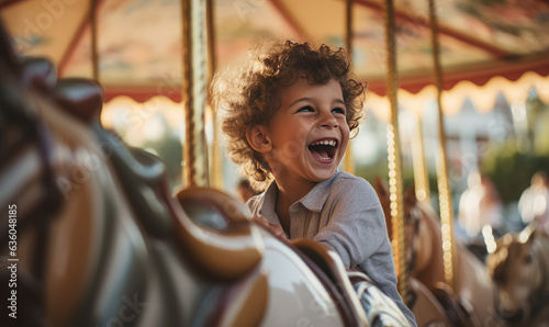 happy little boy rides a carousel on a horse in a Park in summer