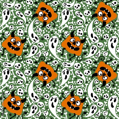 Halloween monsters seamless pumpkins and ghost and bones pattern for wrapping paper and fabrics and linens