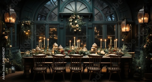 Table setting for a New Year's feast, Glasses and plates for a romantic dinner, a festive atmosphere with garlands and Christmas tree branches. Decor in the Provencal style for the holiday