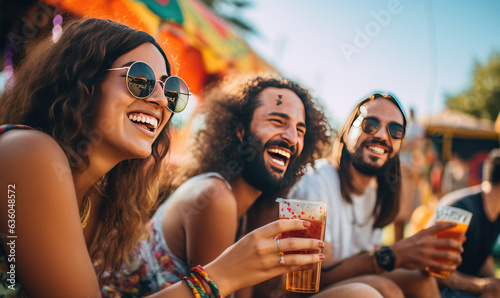 Group of young people having fun and drinking beer on festival