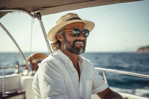 Man in white shirt and dark glasses at helm of yacht photo