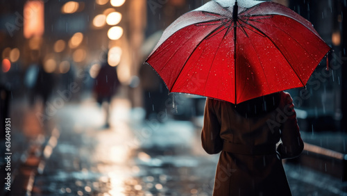 A Woman is holding a red umbrella and walking on a city street. Rainy weather. Bokeh background with pedestrians and city lights.