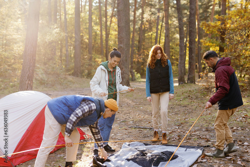 Team set up tent wilderness forest shelter hiking gear photo