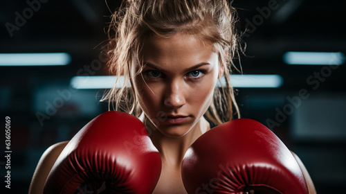 close up of female boxer ready in fighting stance in the ring, face off pov photo