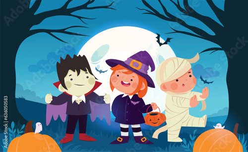 Halloween landscape with kids in costumes. Vector illustration.
