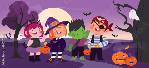 Halloween kids in costume party. Vector design illustration.
