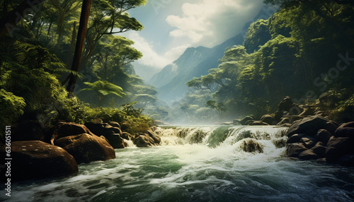 A Small Waterfall Lies in Remote Mountainous Rainforest