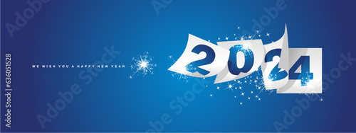 Calendar 2024 We wish you Happy New Year winter holiday greeting card design template on blue background. New Year 2024 with white calendar sheets and sparkler firework