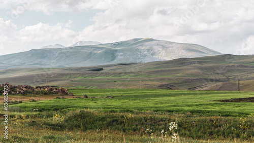 Javakheti Plateau landscape in Samtskhe–Javakheti region, Georgia, with ancient dormant volcanoes in Javakheti and Samsari mountain ranges, seen from Tskhratskaro Pass, summer.