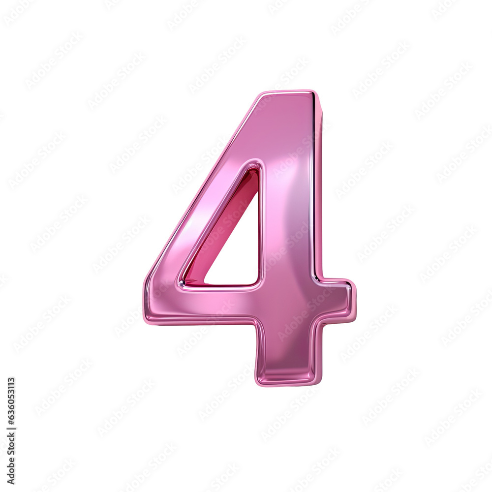 Metallic pink glass number 4 with reflective edge isolated on transparent background Metallic pink glass number 4 with reflective edge isolated on transparent background