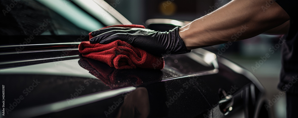 A man cleaning car with microfiber cloth, car detailing concept. Selective focus.
