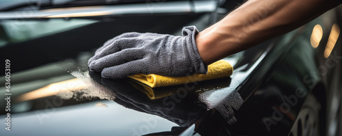A man cleaning car with microfiber cloth, car detailing concept. Selective focus.