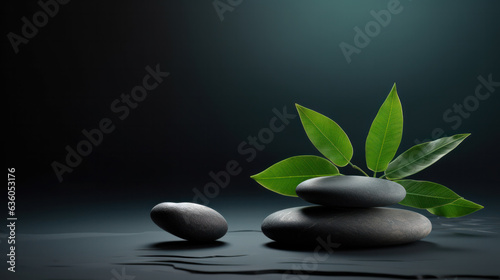 Grean leaves over zen stones pyramid on water surface