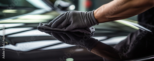 A man cleaning car with microfiber cloth, car detailing concept. Selective focus. © Daniela