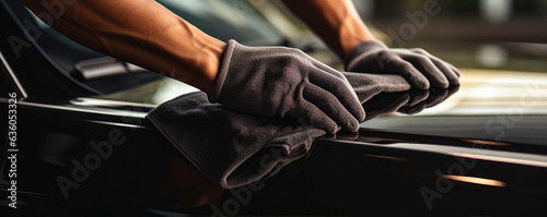 A man cleaning car with microfiber cloth, car detailing concept. Selective focus.
