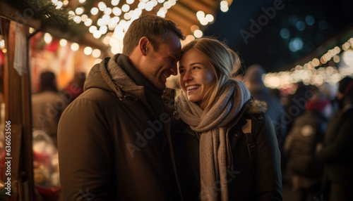 Young couple having fun in Christmas market. Beautiful woman and handsome man smiling and looking each other. There is romance in the air. Bokeh background.