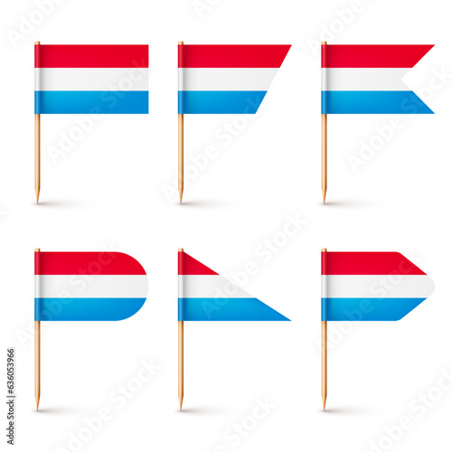 Luxembourgish toothpick flags. Souvenir from Luxembourg. Wooden toothpicks with paper flag. Location mark, map pointer. Blank mockup for advertising and promotions. Vector illustration
