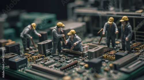 Group of worker figurine doing maintenance on a computer motherboard.