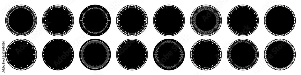 Mechanical clock faces, bezel. Watch dial with minute and hour marks. Timer or stopwatch element. Blank measuring circle scale with divisions. Vector illustration. Mechanical clock faces, bezel. Watch dial with minute and hour marks. Timer or stopwatch element. Blank measuring circle scale with divisions. Vector illustration.