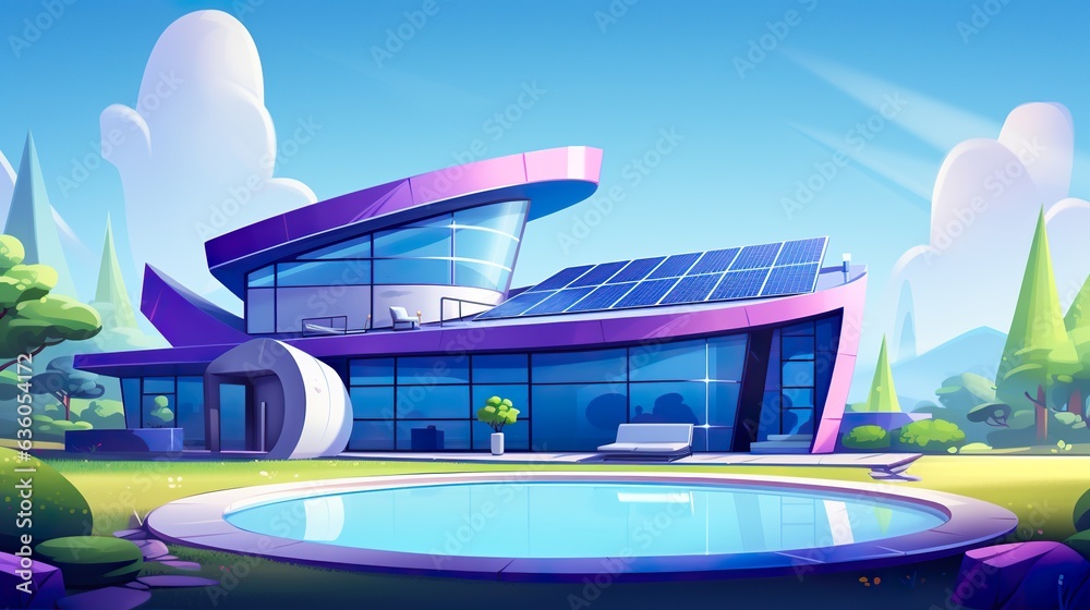 futuristic house with solar power systemr, in the style of organic and flowing forms, generative AI
