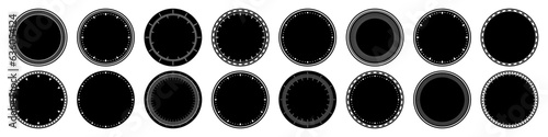Mechanical clock faces, bezel. Watch dial with minute and hour marks. Timer or stopwatch element. Blank measuring circle scale with divisions. Vector illustration.
