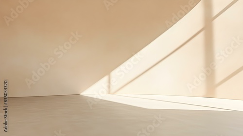 Empty Room in beige Colors with Shadows on the Wall. Elegant Studio Background for Product Presentation. 