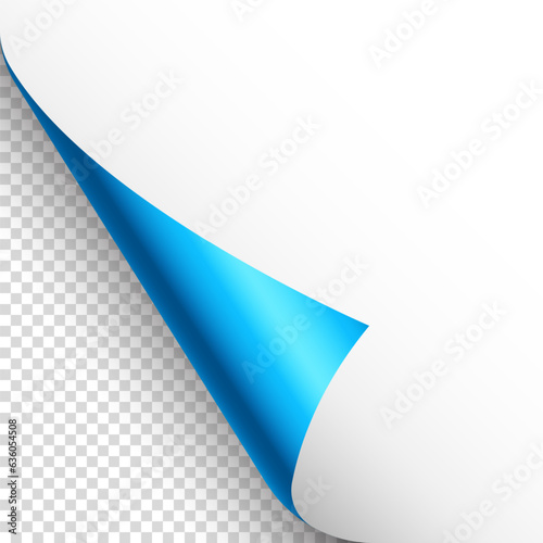 Blue paper curl. Curled page corner with shadow. Blank sheet of paper. Colorful shiny foil. Design element for advertising and promotion. Vector illustration.