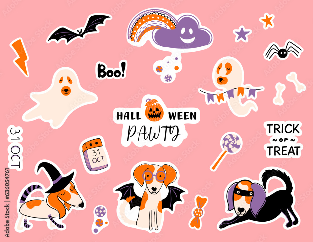 Set of Halloween dogs in masquerade costumes, rainbow, spider, bat, candies. Dog pawty. Cute stickers for planning and decor. Hand drawn vector illustrations.