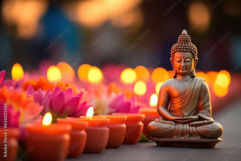Asahna Bucha Day, Buddha statue amidst candles and flowers