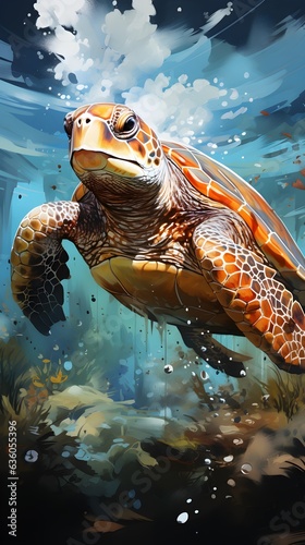 Beautiful watercolor tropical sea turtle portrait wallpaper for phones 