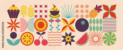 Geometric food pattern. Natural organic fruit flower shapes, modern brand identity package menu design. Vector background
