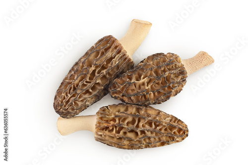 raw morel mushroom isolated on white background with full depth of field. Top view. Flat lay.