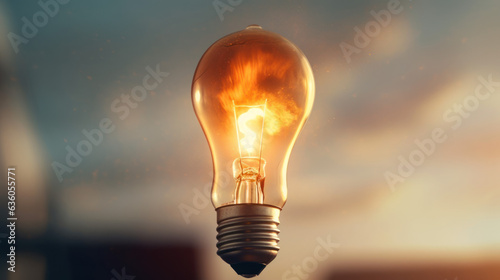 Idea light bulb flying to the sky like a rocket - Flat lay.