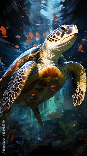 Beautiful watercolor sea turtle swimming portrait wallpaper for phones 