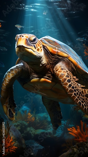 Beautiful watercolor sea turtle swimming portrait wallpaper for phones 