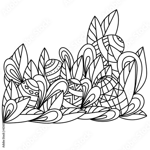 Coloring page Hunt for Easter eggs, fantasy doodle leaves, swirls and eggs outline