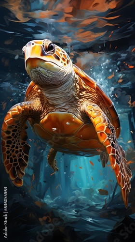 Beautiful watercolor sea turtle swimming portrait wallpaper for phones 