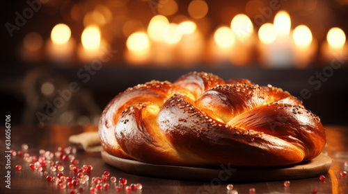 Fotografia Challah, Jewish holiday Rosh Hashanah candle blessing background with copy space