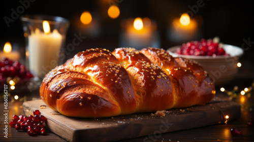 Challah, Jewish holiday Rosh Hashanah candle blessing background with copy space