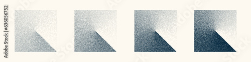 Square shaped dotted objects, vintage stipple elements. Stippling, dotwork drawing shading using dots. Halftone disintegration effect. White noise grainy texture. Fading gradient. Vector illustration