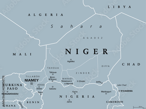 Niger, landlocked country in West Africa, gray political map with borders, regions, capital Niamey and largest cities. The Republic of the Niger, a unitary state. Most of its area lies in the Sahara. photo