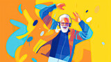 Music and colors artwork - happy old man dancing with headphones - generative AI