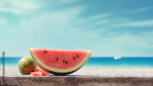 Slice of watermelon on a table with a view of a sunny beach and an ocean
