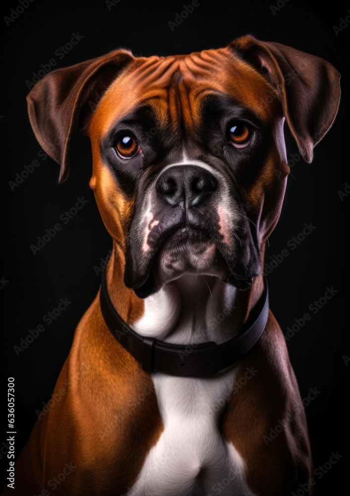 Animal portrait of a boxer dog on a black background conceptual for frame