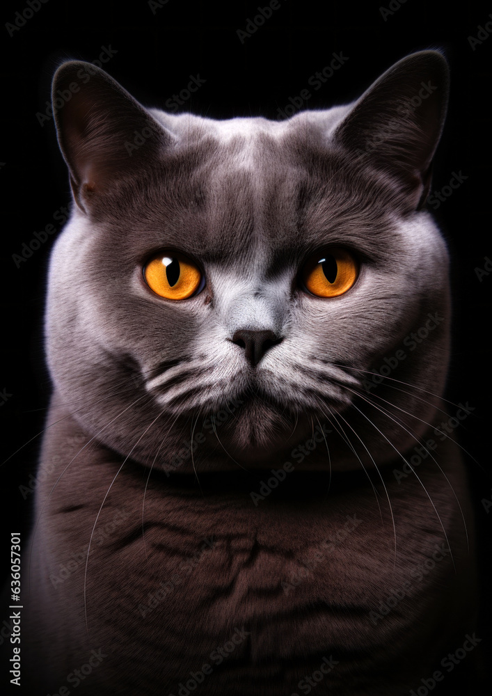 Animal portrait of a british cat on a black background conceptual for frame
